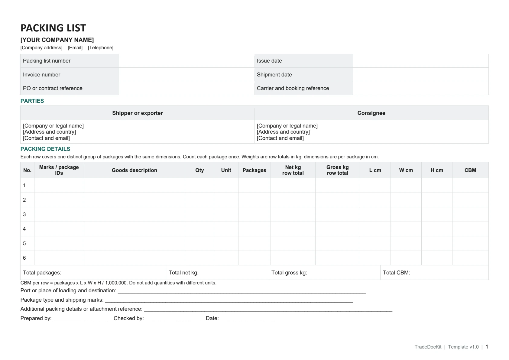 Packing List blank Word template, page 1